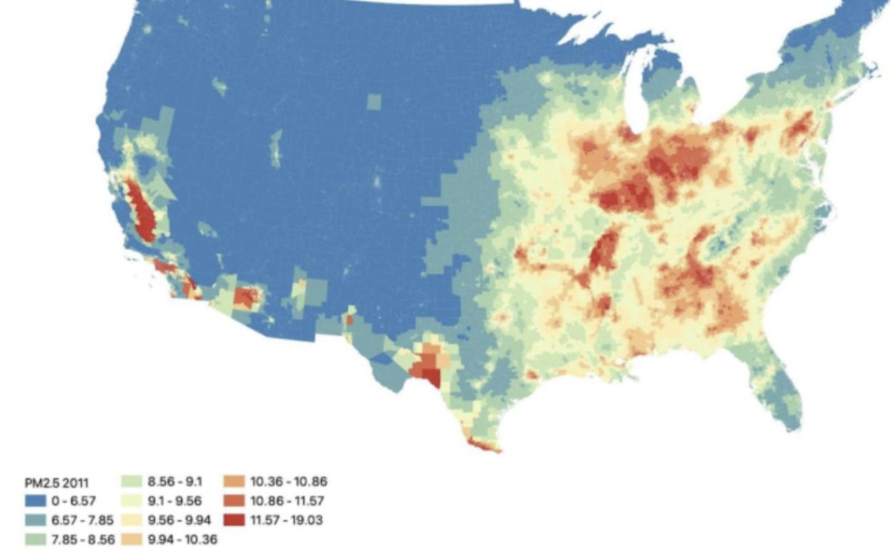 map of the US air pollution monitor